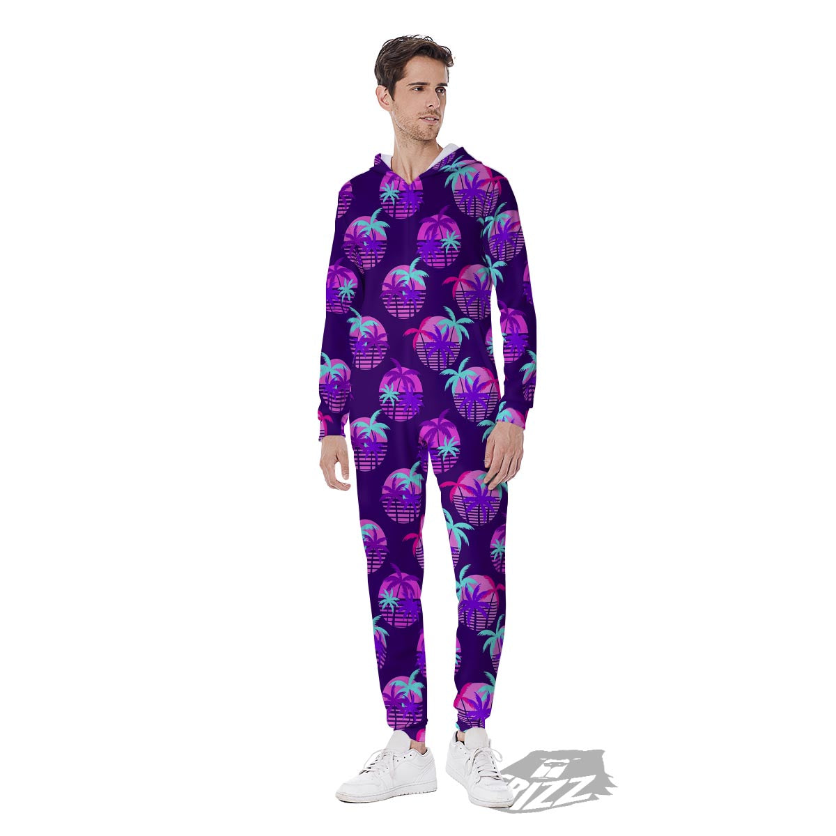 Retrowave Sunset Palm Tree Print Pattern Men's Jumpsuit-grizzshop