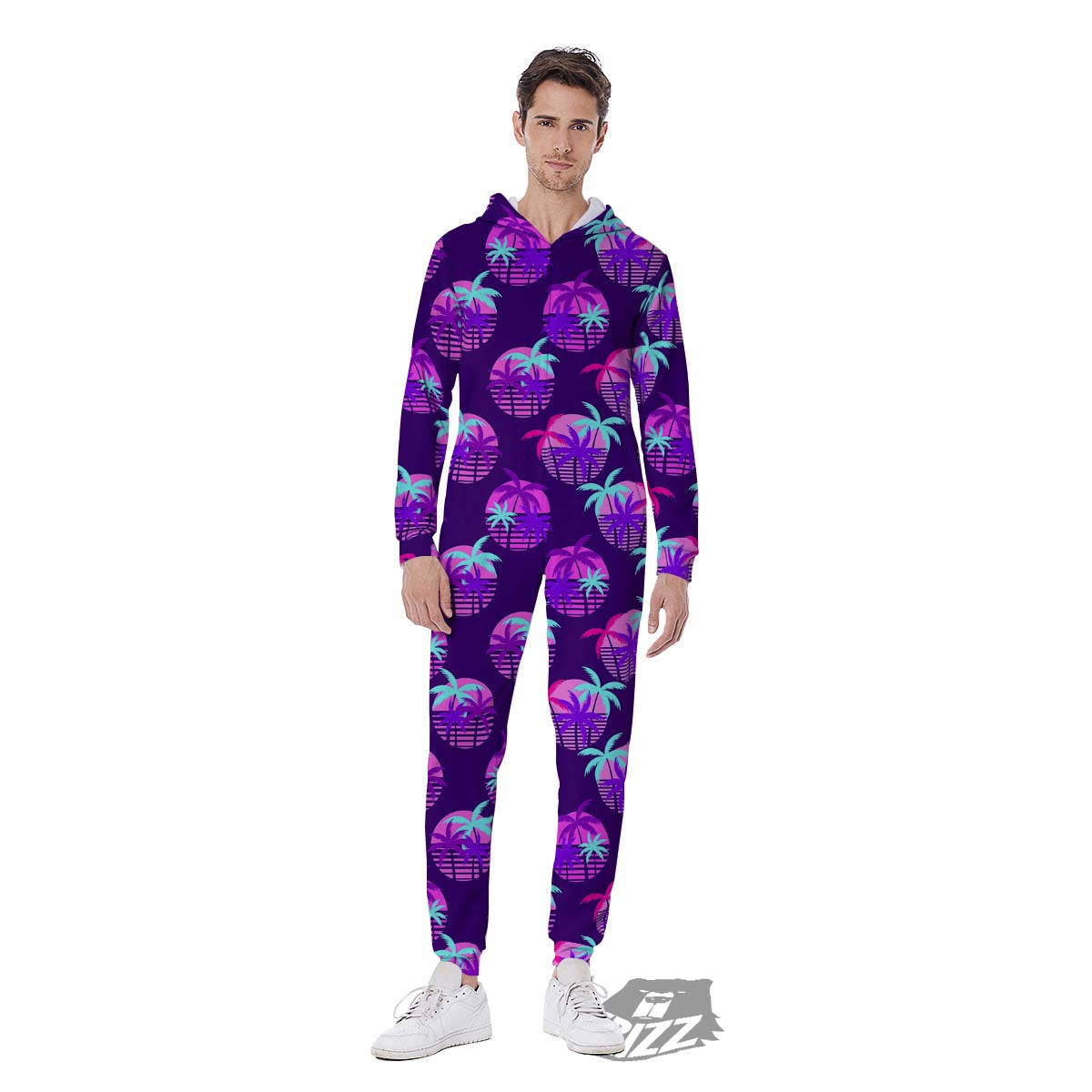 Retrowave Sunset Palm Tree Print Pattern Men's Jumpsuit-grizzshop