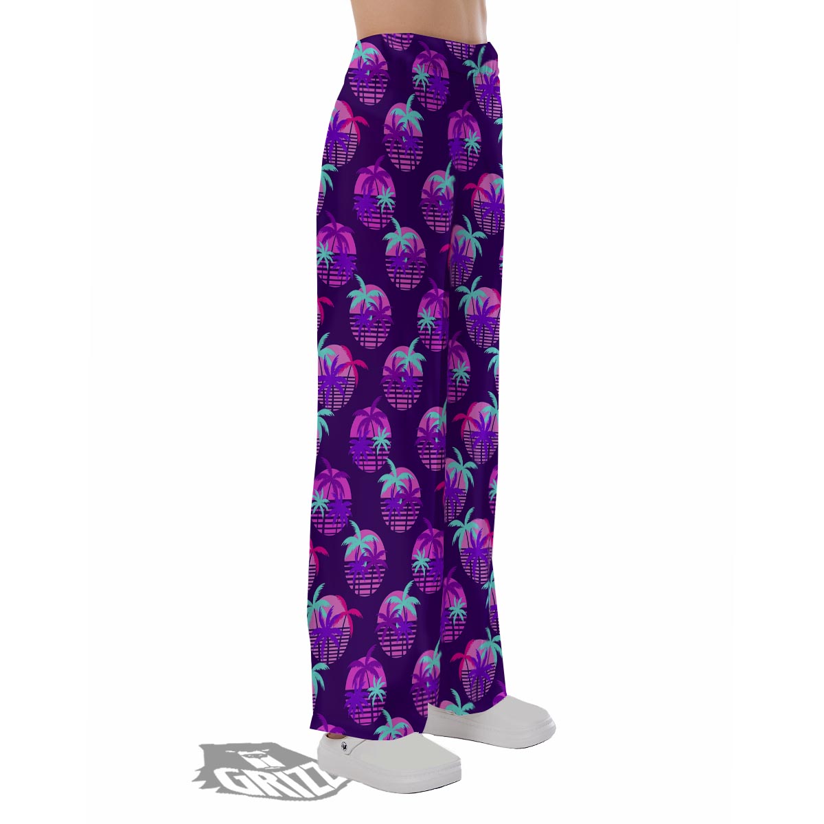 Retrowave Sunset Palm Tree Print Pattern Pajama Pants-grizzshop