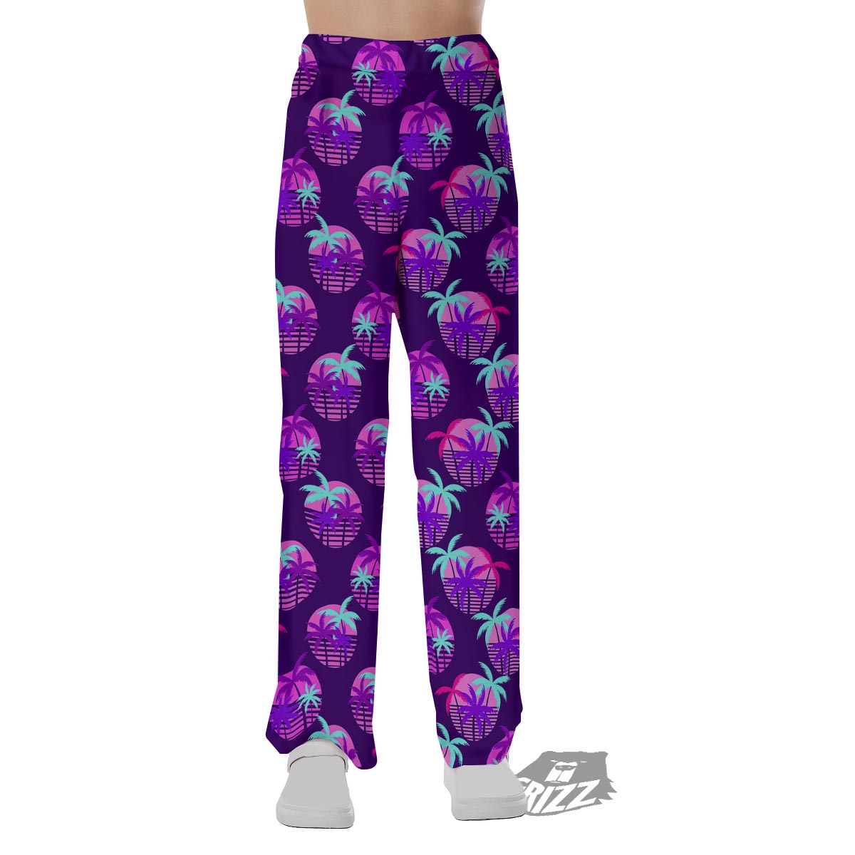 Retrowave Sunset Palm Tree Print Pattern Pajama Pants-grizzshop