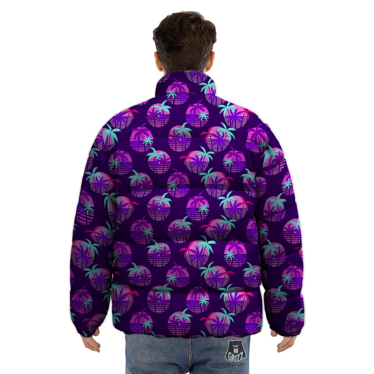 Retrowave Sunset Palm Tree Print Pattern Puffer Jacket-grizzshop