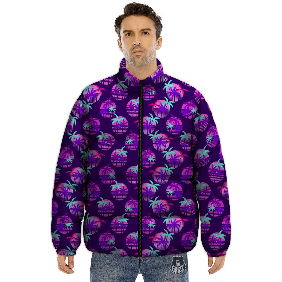 Retrowave Sunset Palm Tree Print Pattern Puffer Jacket-grizzshop