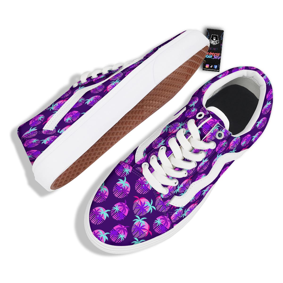 Retrowave Sunset Palm Tree Print Pattern Skate Shoes-grizzshop