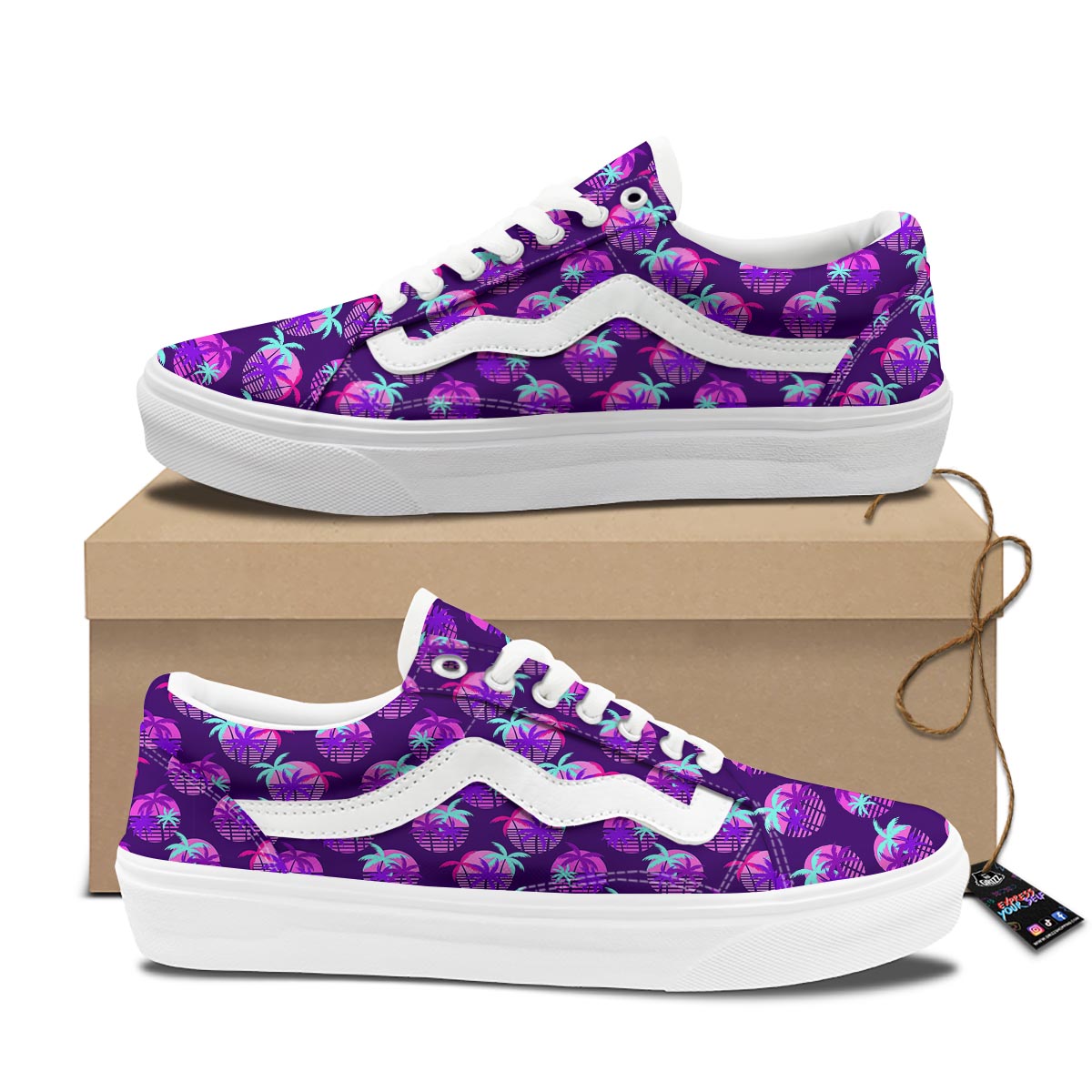 Retrowave Sunset Palm Tree Print Pattern Skate Shoes-grizzshop
