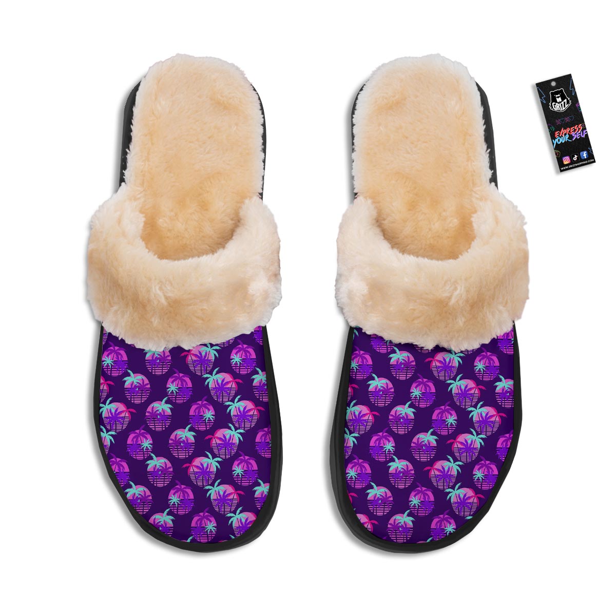 Retrowave Sunset Palm Tree Print Pattern Slippers-grizzshop