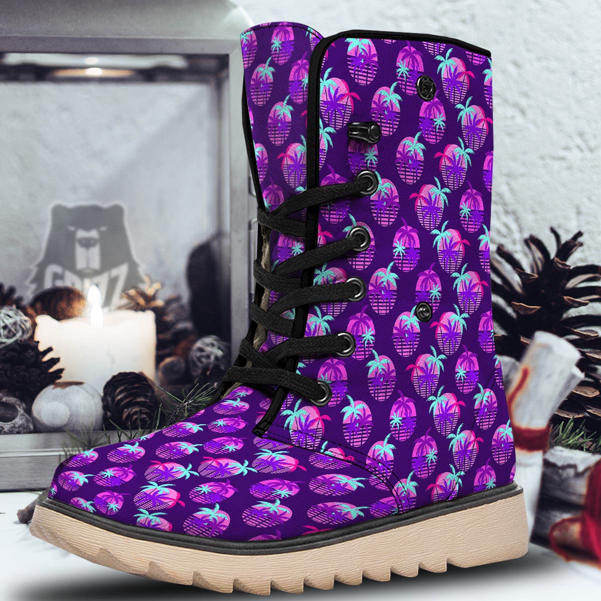 Retrowave Sunset Palm Tree Print Pattern Snow Boots-grizzshop