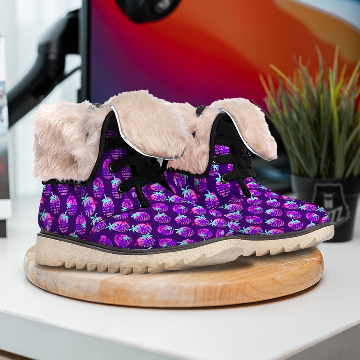 Retrowave Sunset Palm Tree Print Pattern Snow Boots-grizzshop