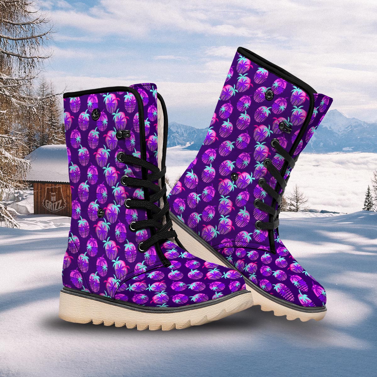 Retrowave Sunset Palm Tree Print Pattern Snow Boots-grizzshop