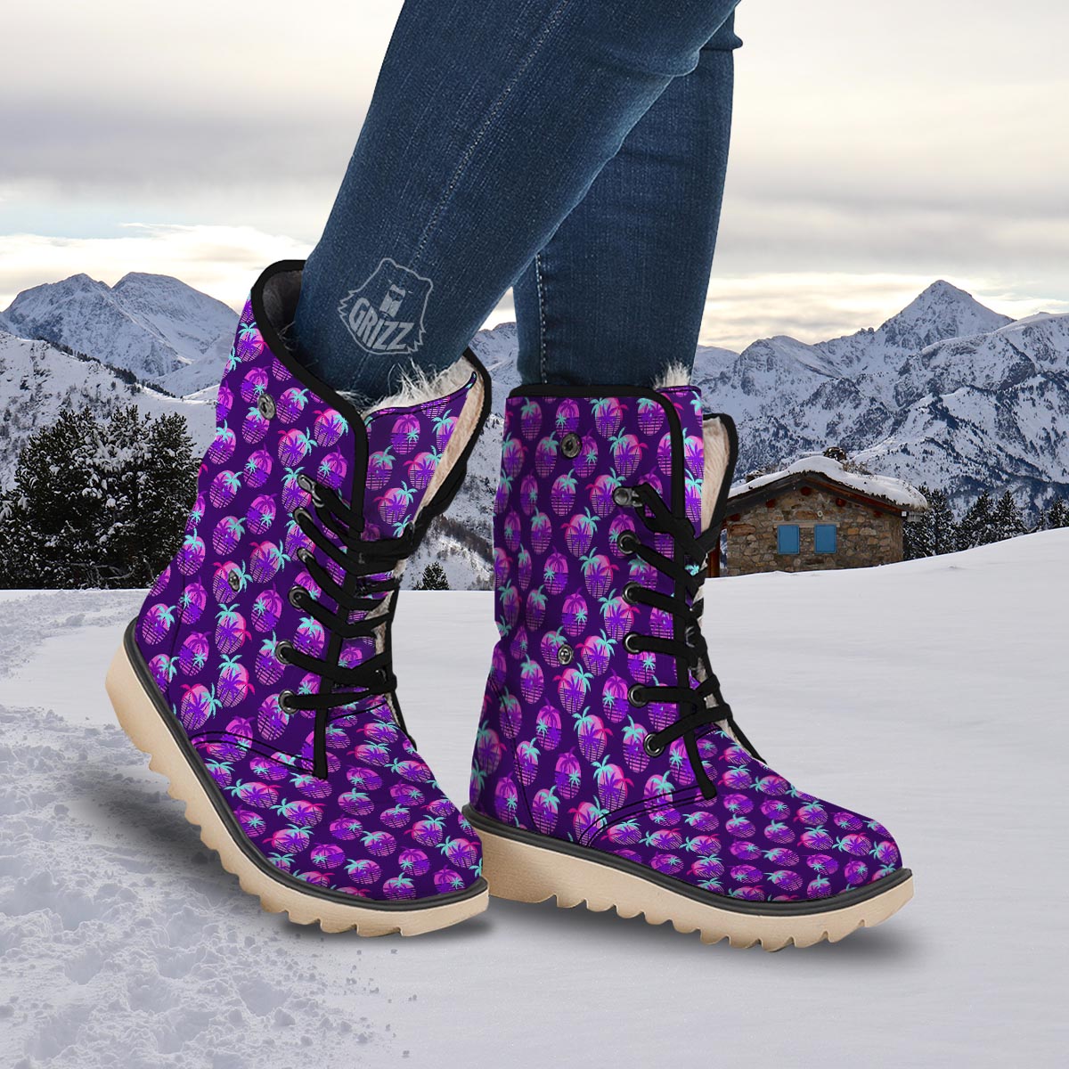 Retrowave Sunset Palm Tree Print Pattern Snow Boots-grizzshop