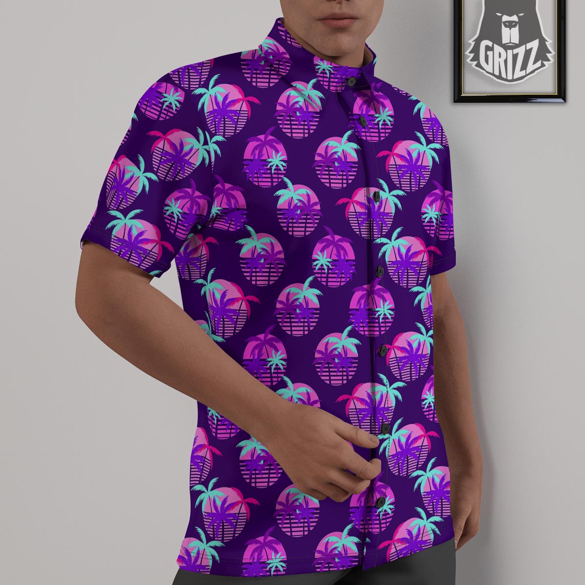 Retrowave Sunset Palm Tree Print Pattern Untucked Shirts-grizzshop