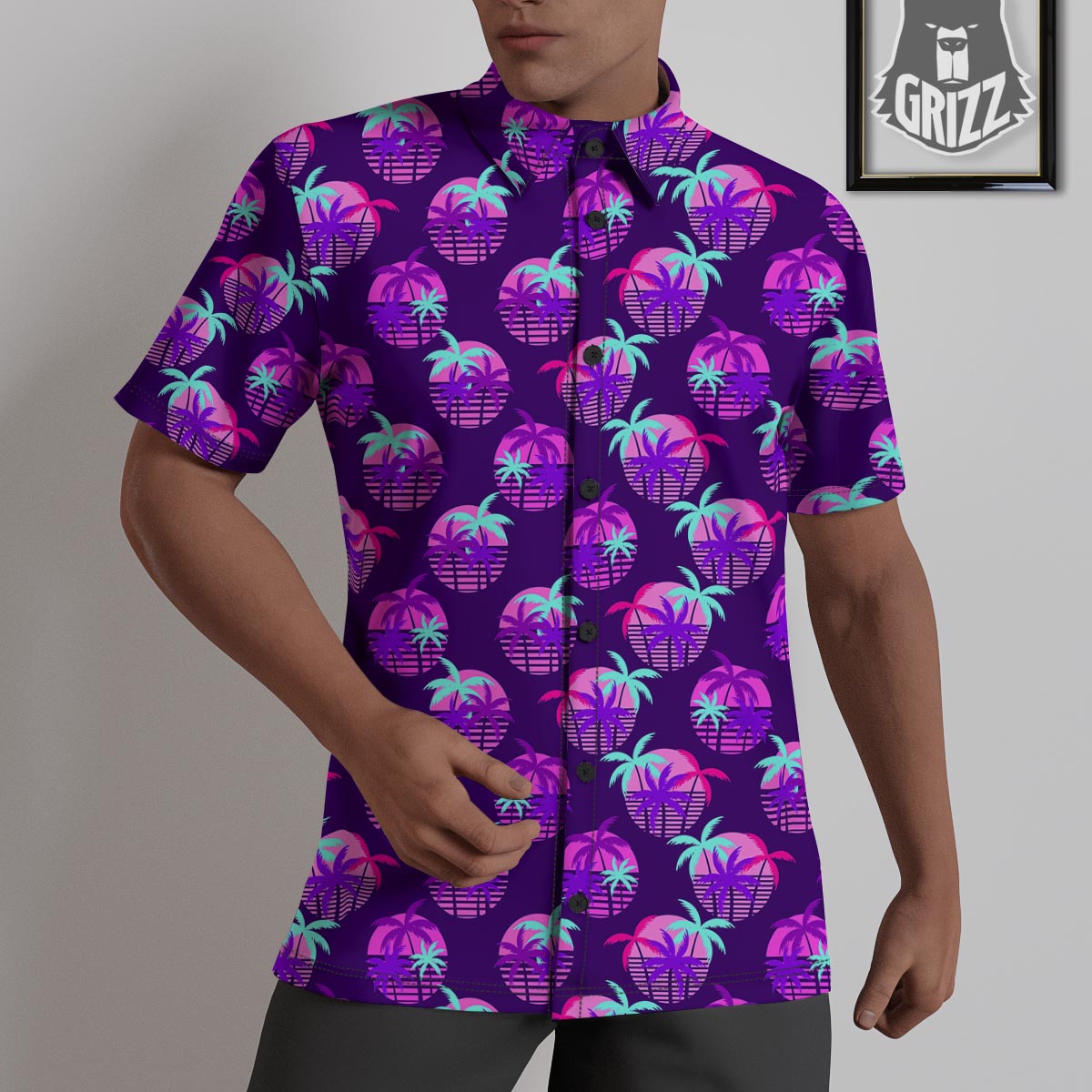 Retrowave Sunset Palm Tree Print Pattern Untucked Shirts-grizzshop