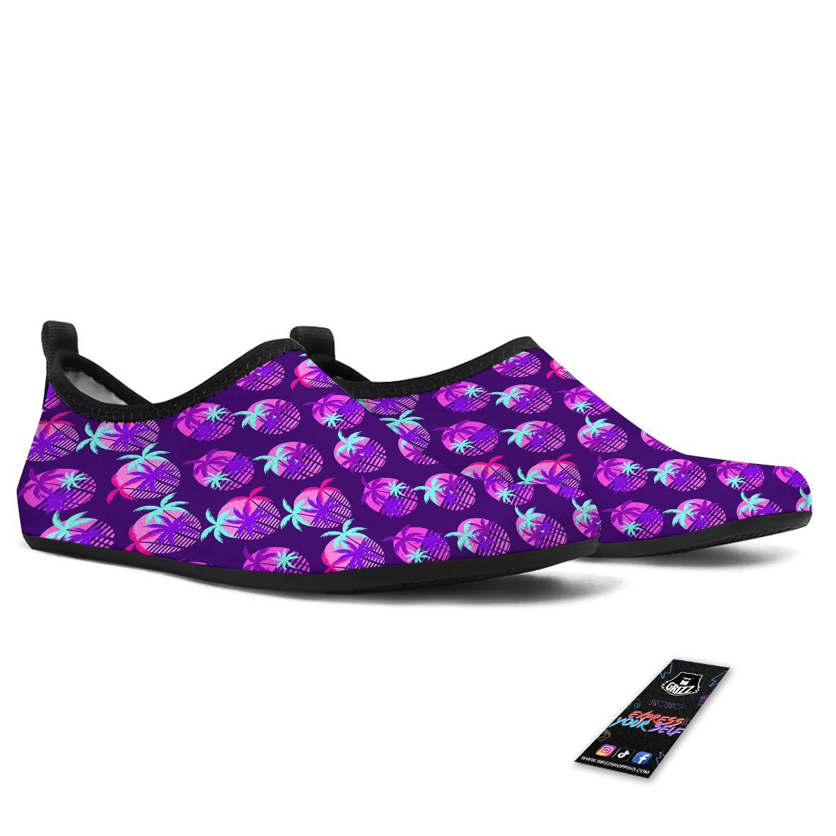 Retrowave Sunset Palm Tree Print Pattern Water Shoes-grizzshop