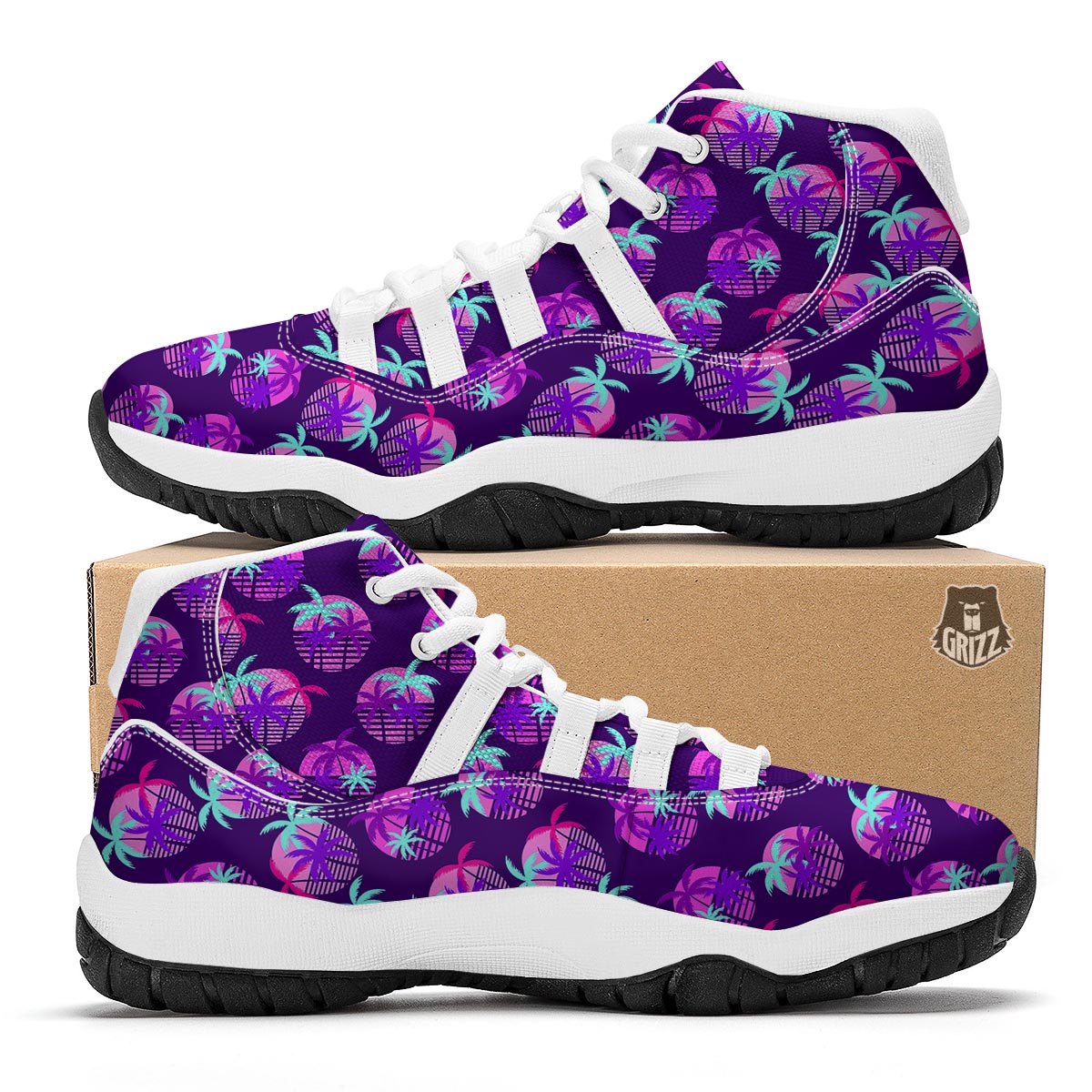 Retrowave Sunset Palm Tree Print Pattern White Bball Shoes-grizzshop