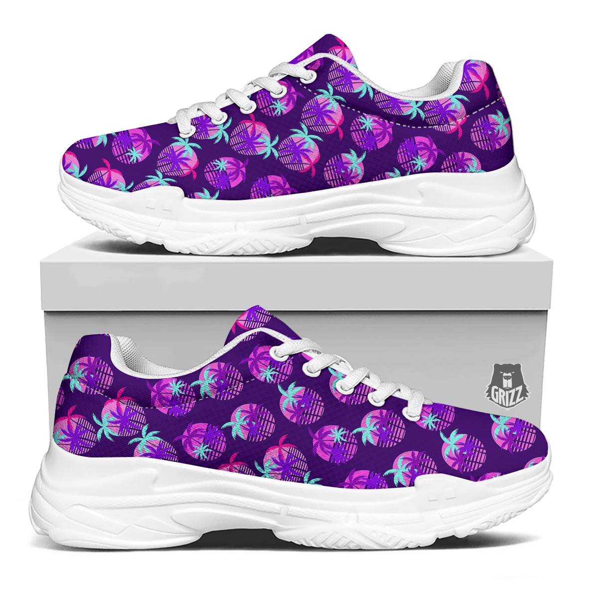 Retrowave Sunset Palm Tree Print Pattern White Chunky Shoes-grizzshop