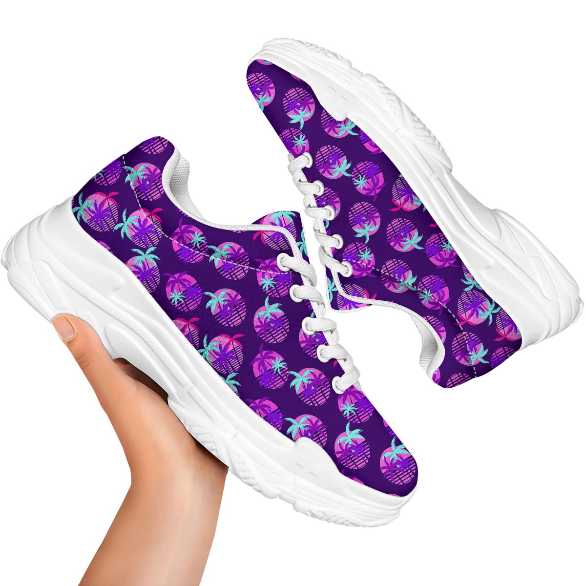Retrowave Sunset Palm Tree Print Pattern White Chunky Shoes-grizzshop