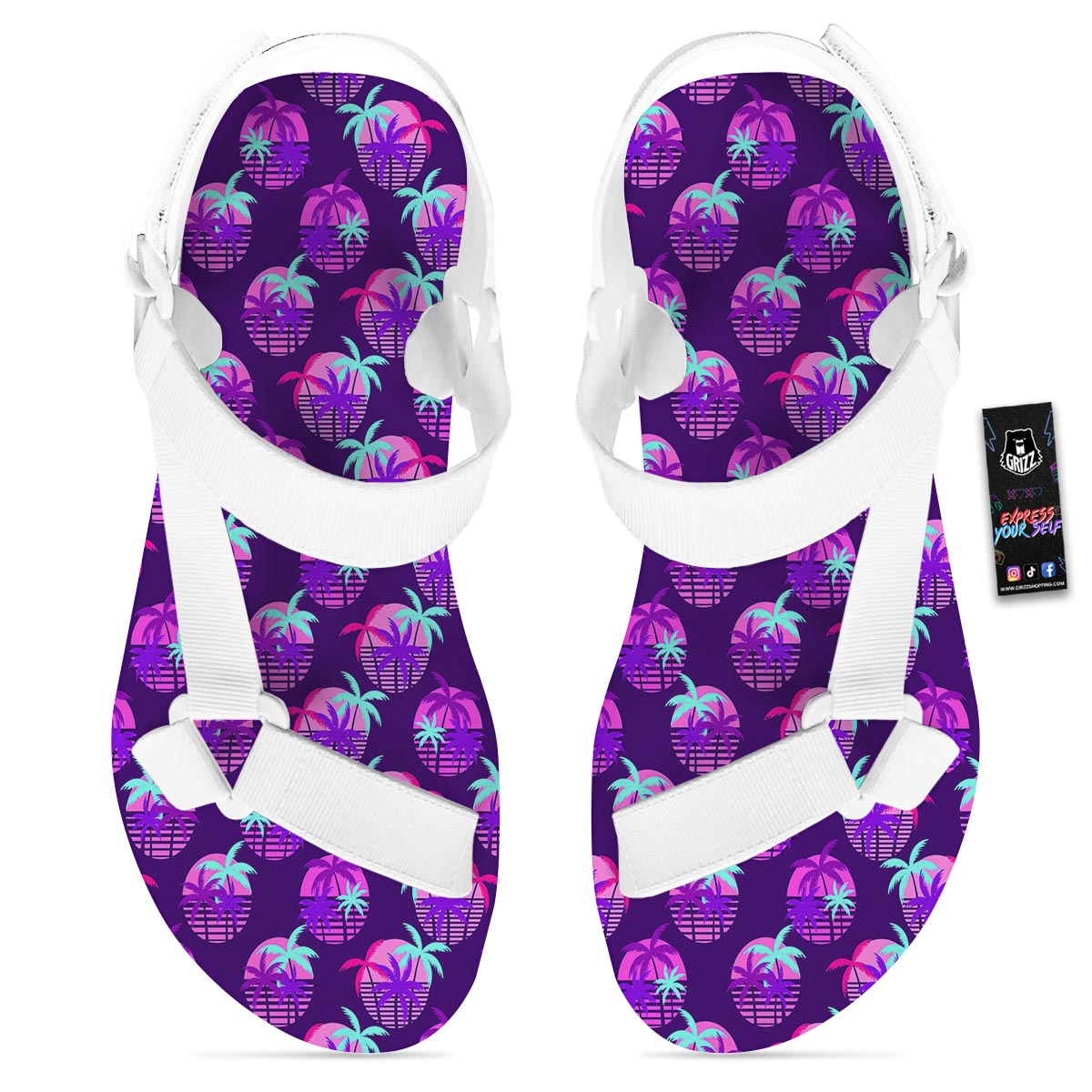 Retrowave Sunset Palm Tree Print Pattern White Open Toe Sandals-grizzshop