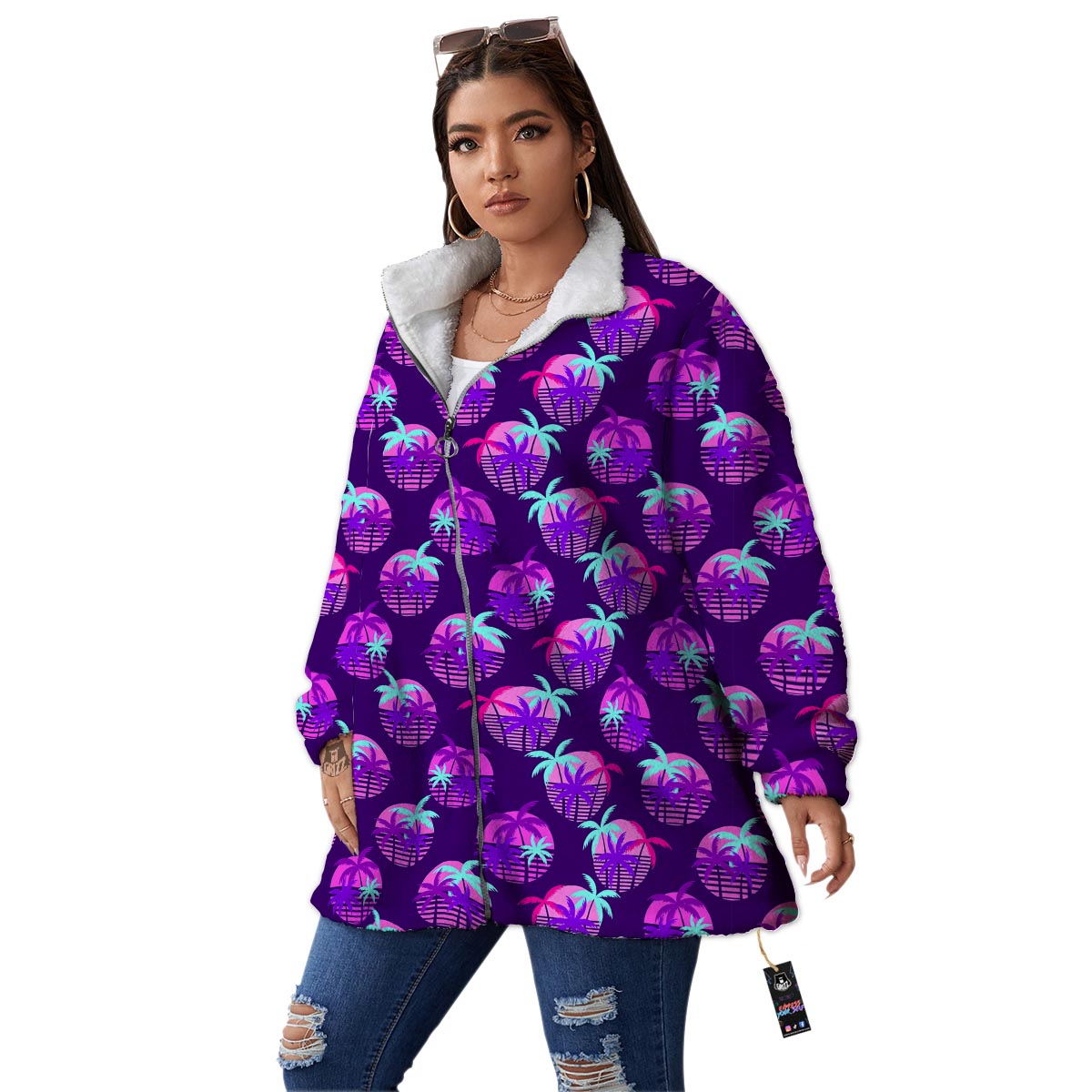 Retrowave Sunset Palm Tree Print Pattern Women's Sherpa Jacket-grizzshop