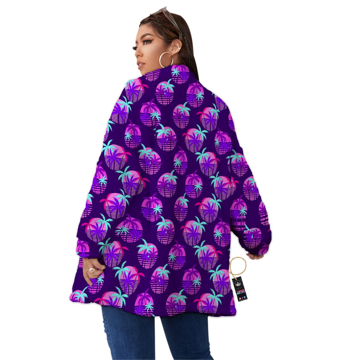 Retrowave Sunset Palm Tree Print Pattern Women's Sherpa Jacket-grizzshop