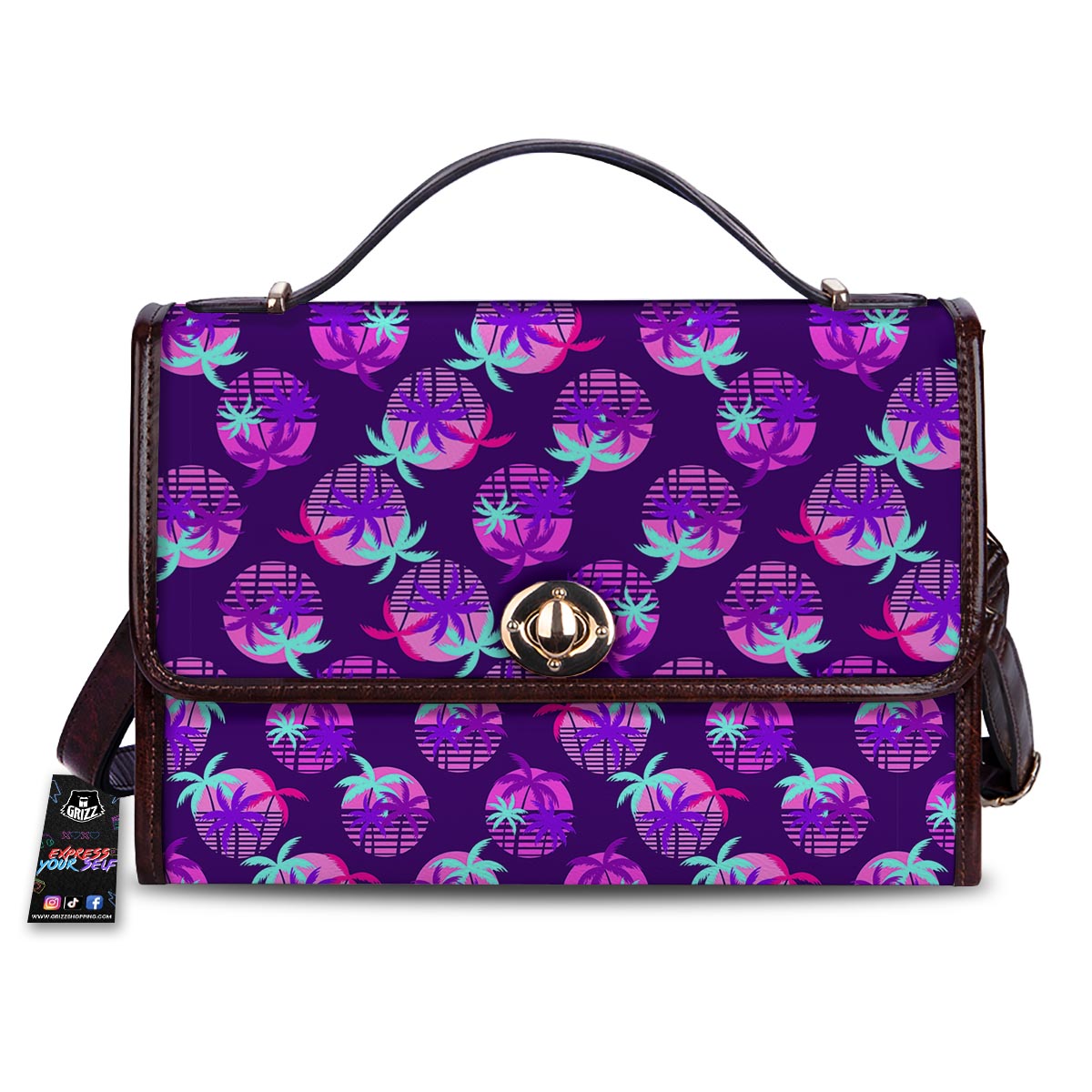 Retrowave Sunset Palm Tree Print Pattern Women's Satchel Bag