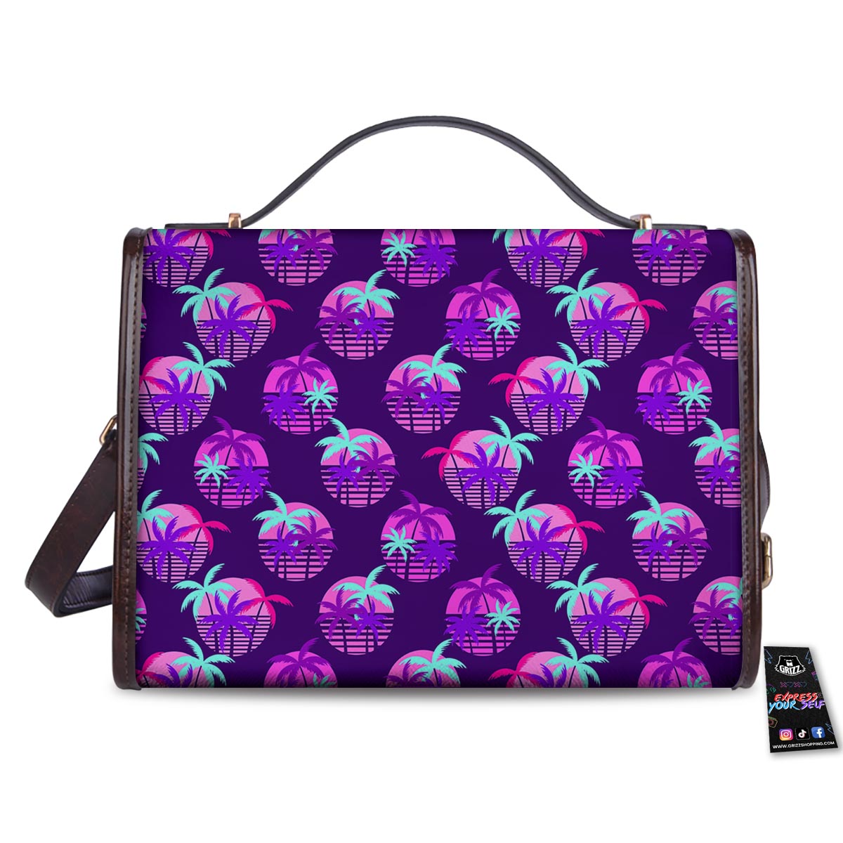 Retrowave Sunset Palm Tree Print Pattern Women's Satchel Bag