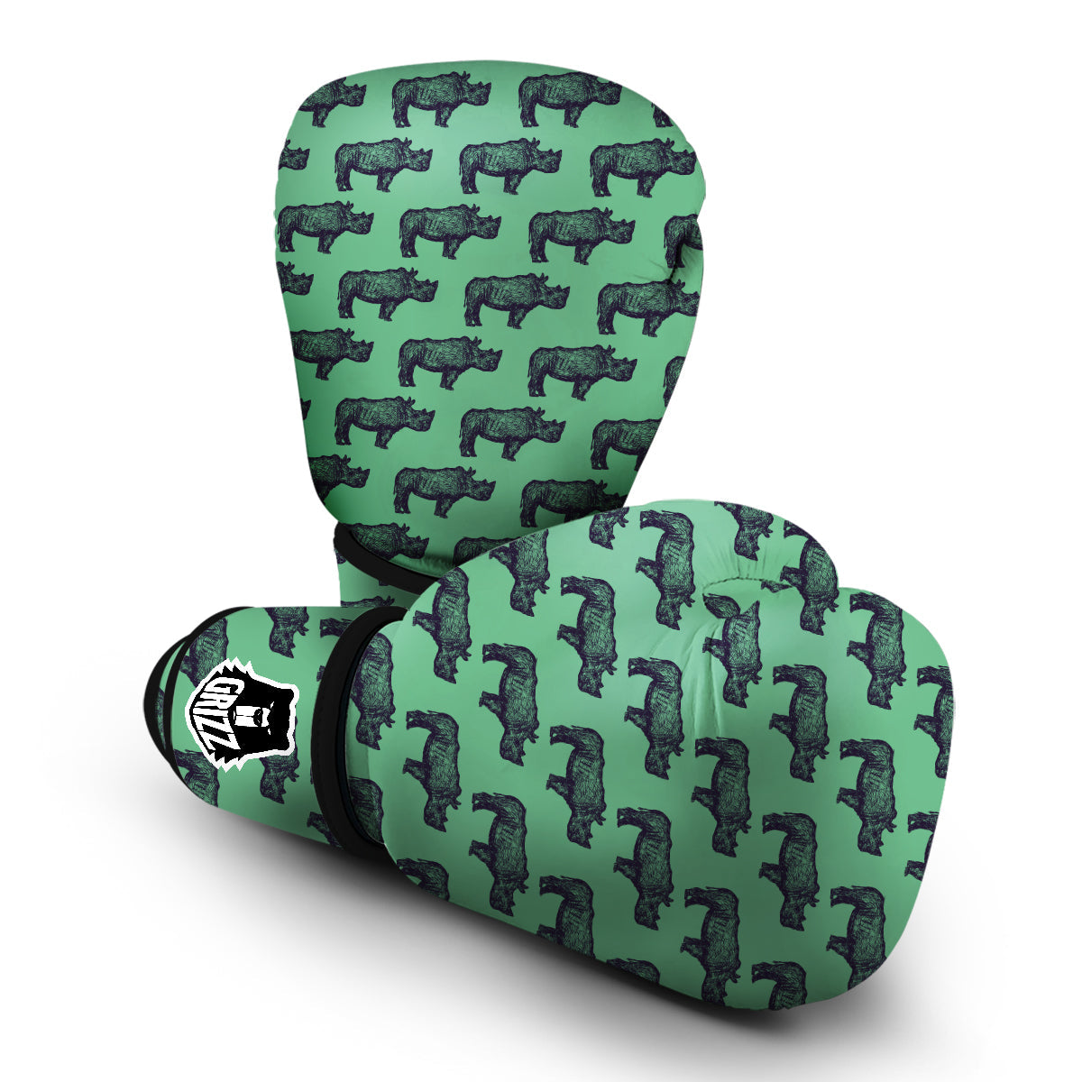 Rhino Hand Drawn Green Print Pattern Boxing Gloves-grizzshop