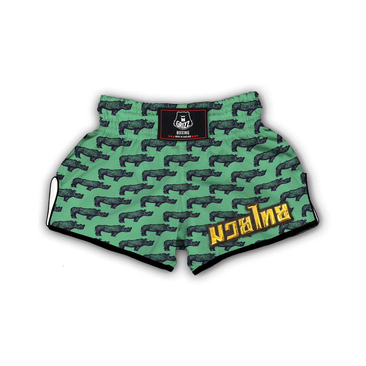 Rhino Hand Drawn Green Print Pattern Muay Thai Boxing Shorts-grizzshop