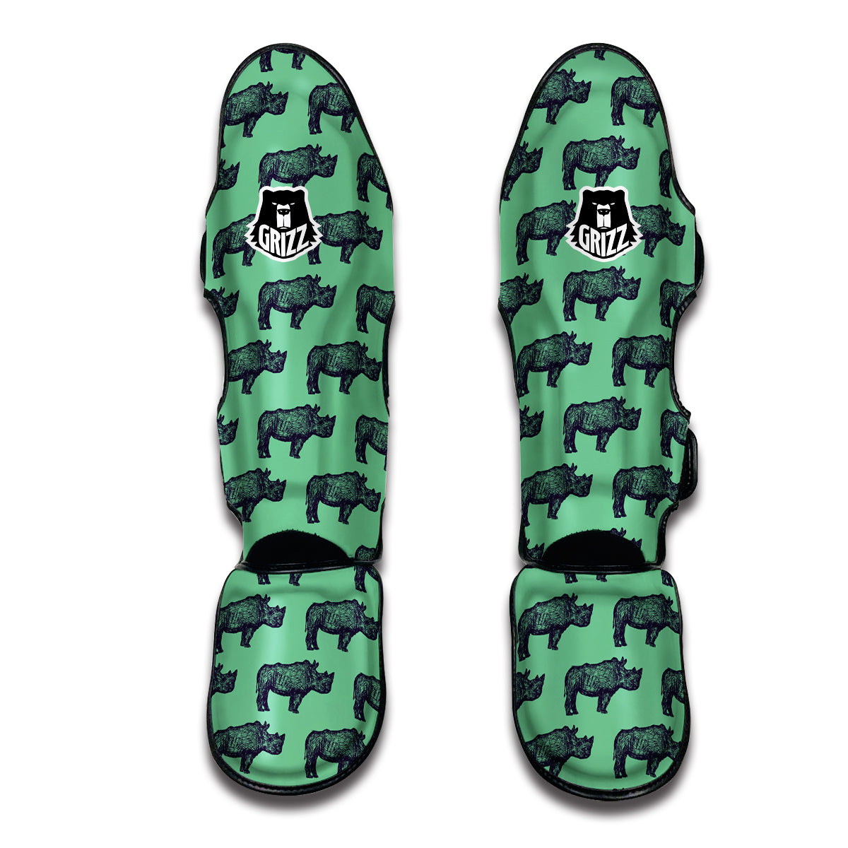 Rhino Hand Drawn Green Print Pattern Muay Thai Shin Guards-grizzshop