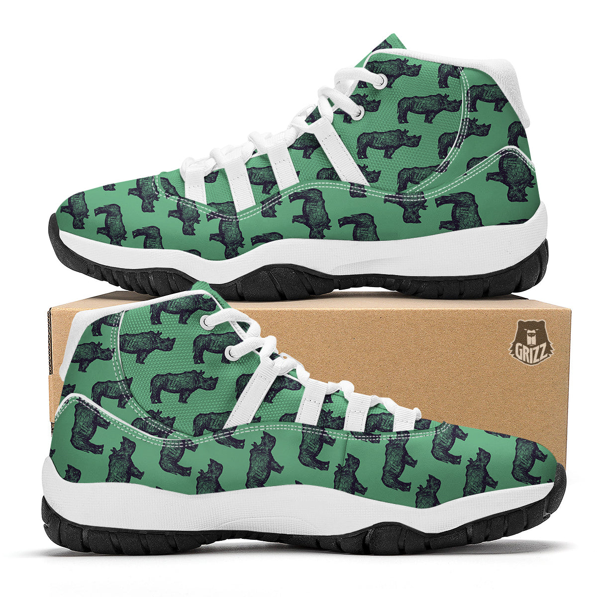 Rhino Hand Drawn Green Print Pattern White Bball Shoes-grizzshop