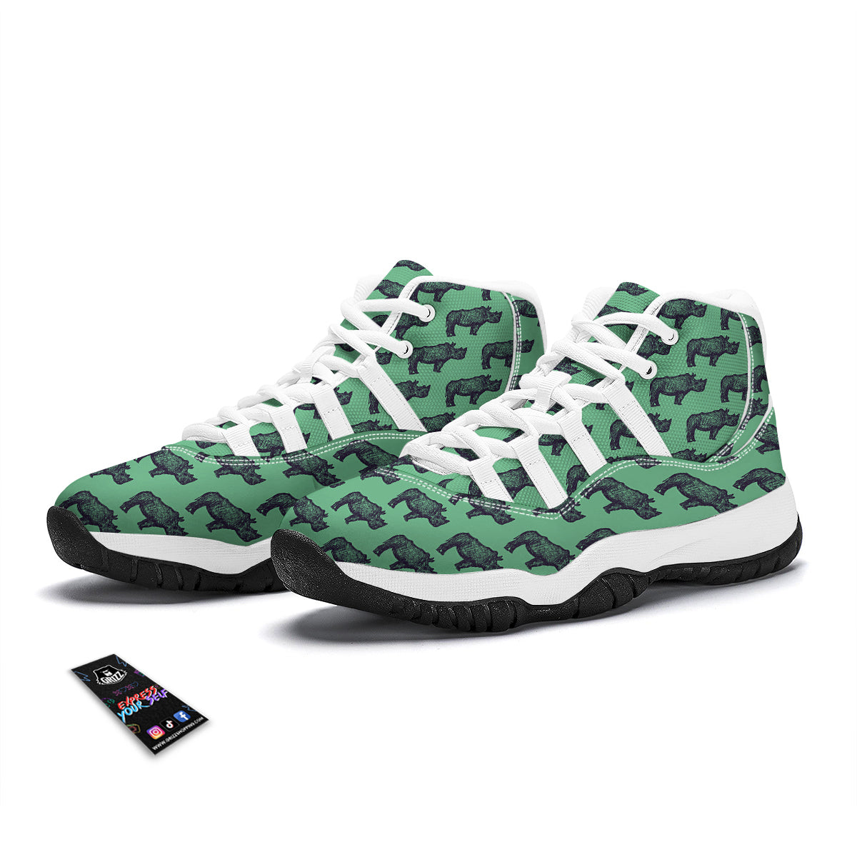 Rhino Hand Drawn Green Print Pattern White Bball Shoes-grizzshop