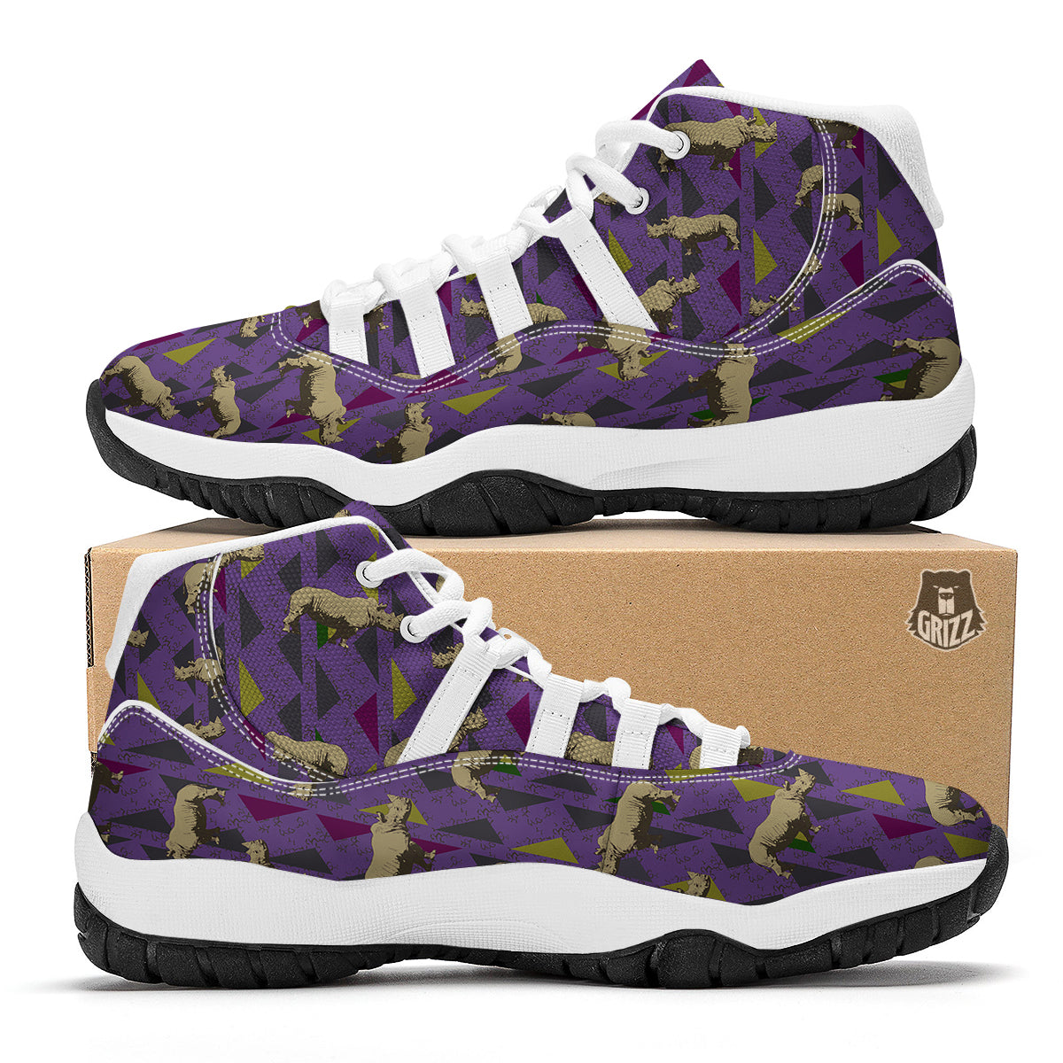 Rhino Hand Drawn Vintage Print Pattern White Bball Shoes-grizzshop
