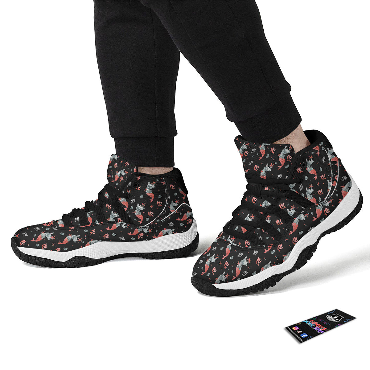 Rhino Mermaid Print Pattern Black Bball Shoes-grizzshop