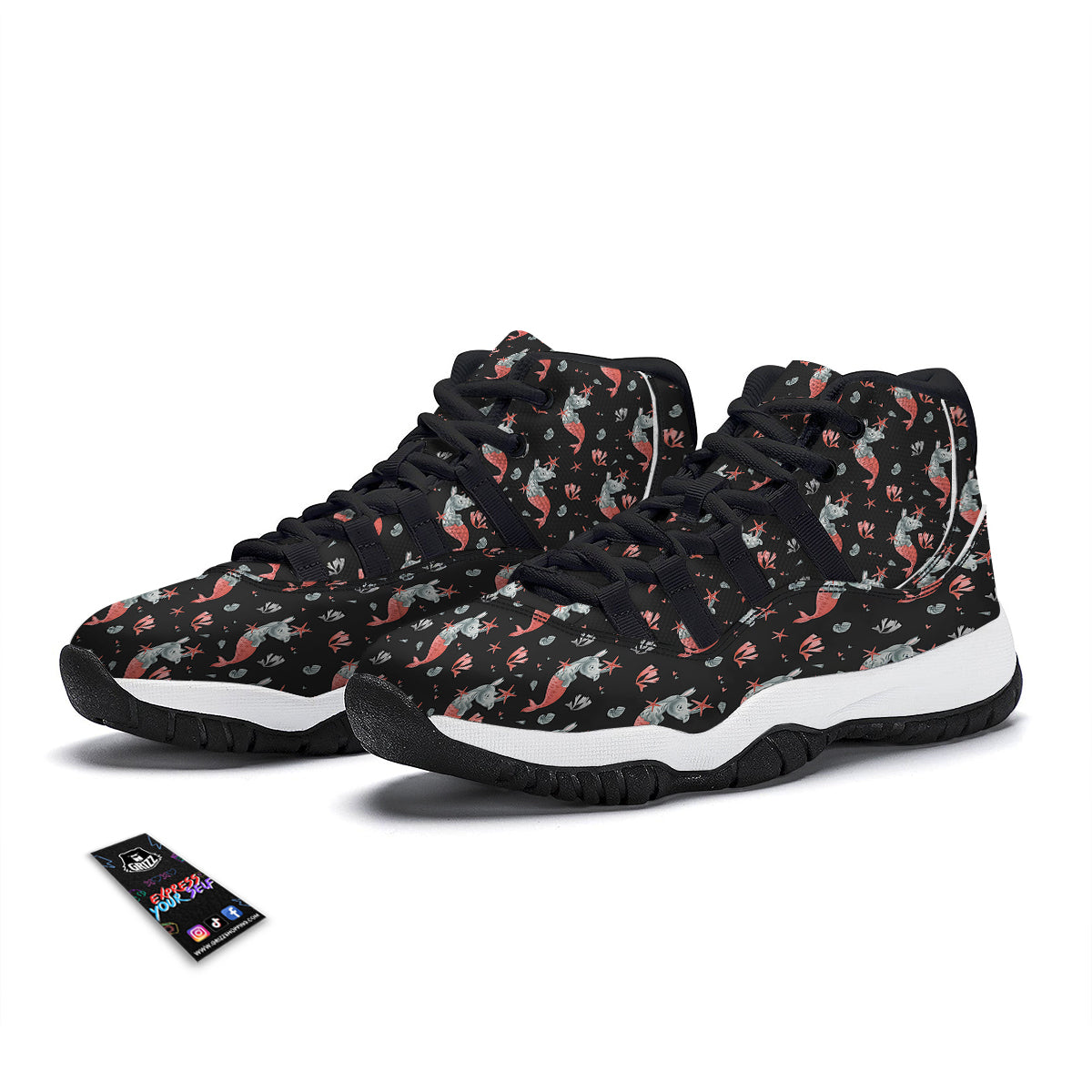 Rhino Mermaid Print Pattern Black Bball Shoes-grizzshop