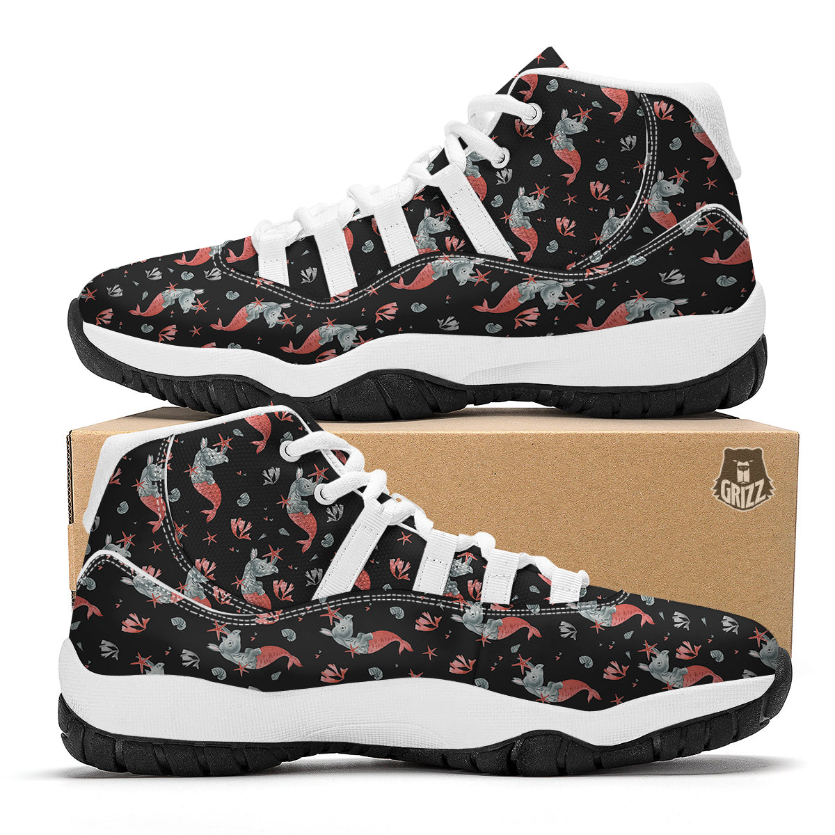 Rhino Mermaid Print Pattern White Bball Shoes-grizzshop