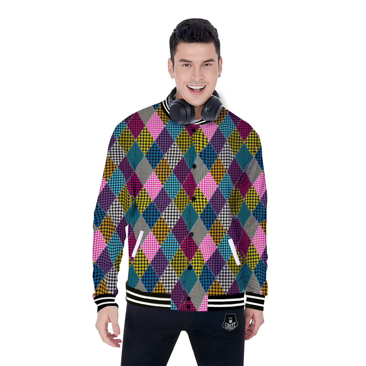Rhombuses Houndstooth Colorful Print Pattern Baseball Jacket-grizzshop