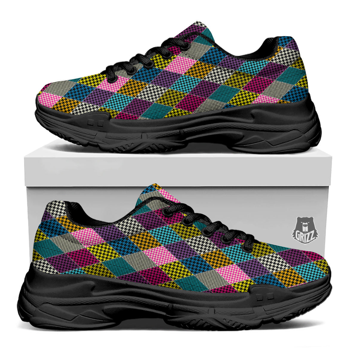 Rhombuses Houndstooth Colorful Print Pattern Black Chunky Shoes-grizzshop