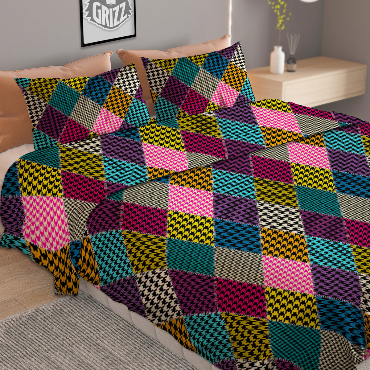 Rhombuses Houndstooth Colorful Print Pattern Duvet Cover Bedding Set
