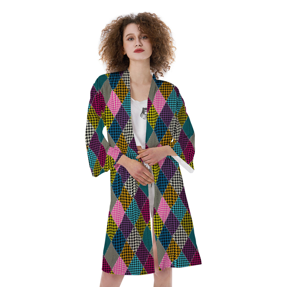 Rhombuses Houndstooth Colorful Print Pattern Kimono-grizzshop