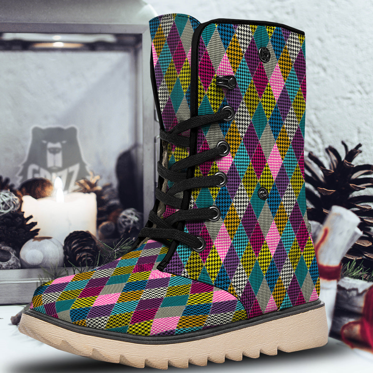 Rhombuses Houndstooth Colorful Print Pattern Snow Boots-grizzshop