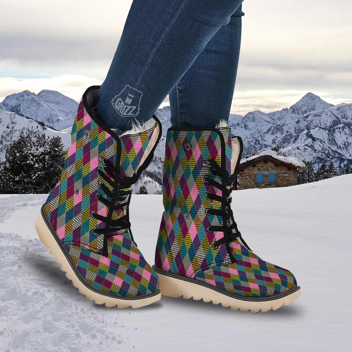 Rhombuses Houndstooth Colorful Print Pattern Snow Boots-grizzshop