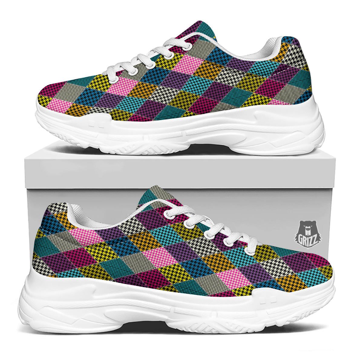 Rhombuses Houndstooth Colorful Print Pattern White Chunky Shoes-grizzshop