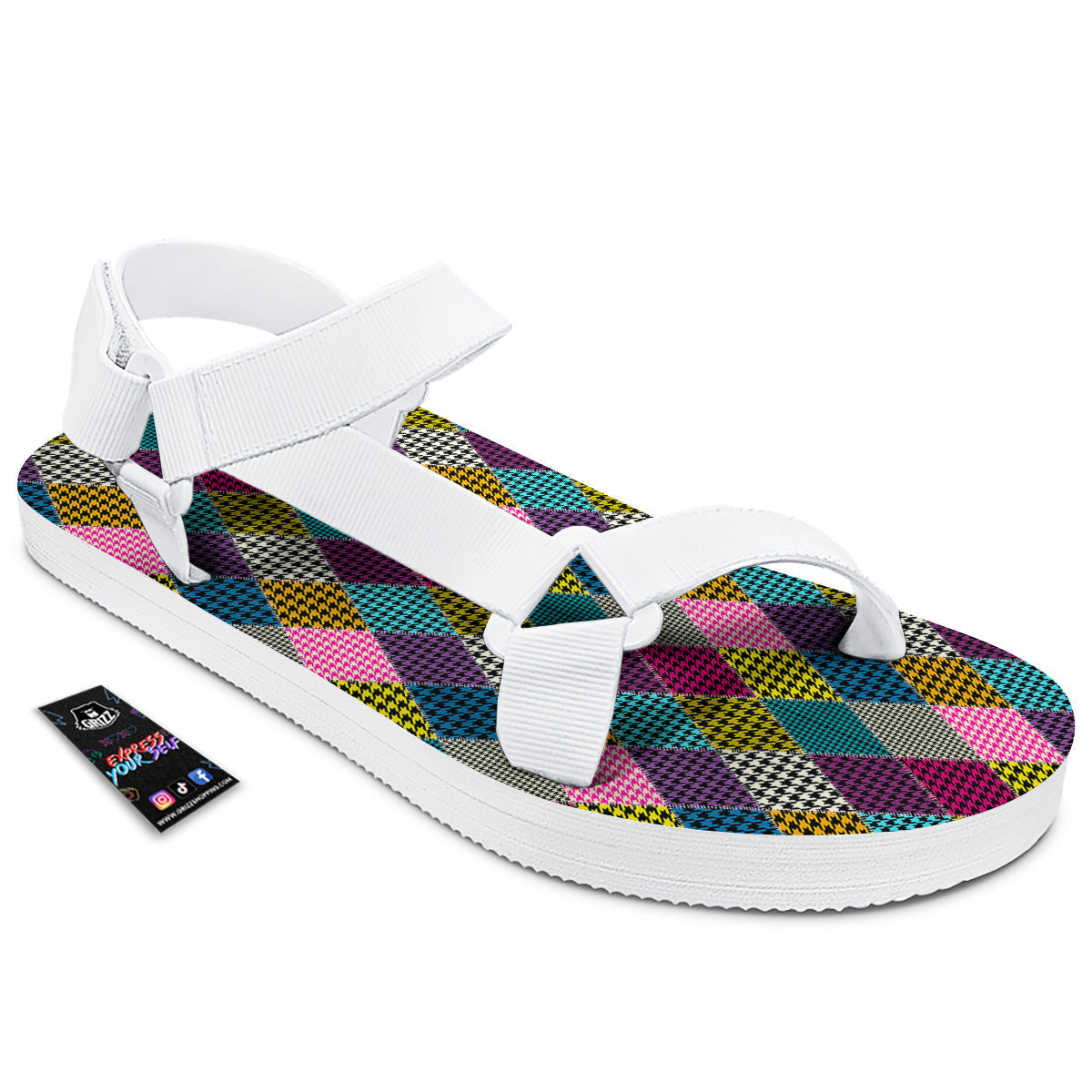Rhombuses Houndstooth Colorful Print Pattern White Open Toe Sandals-grizzshop