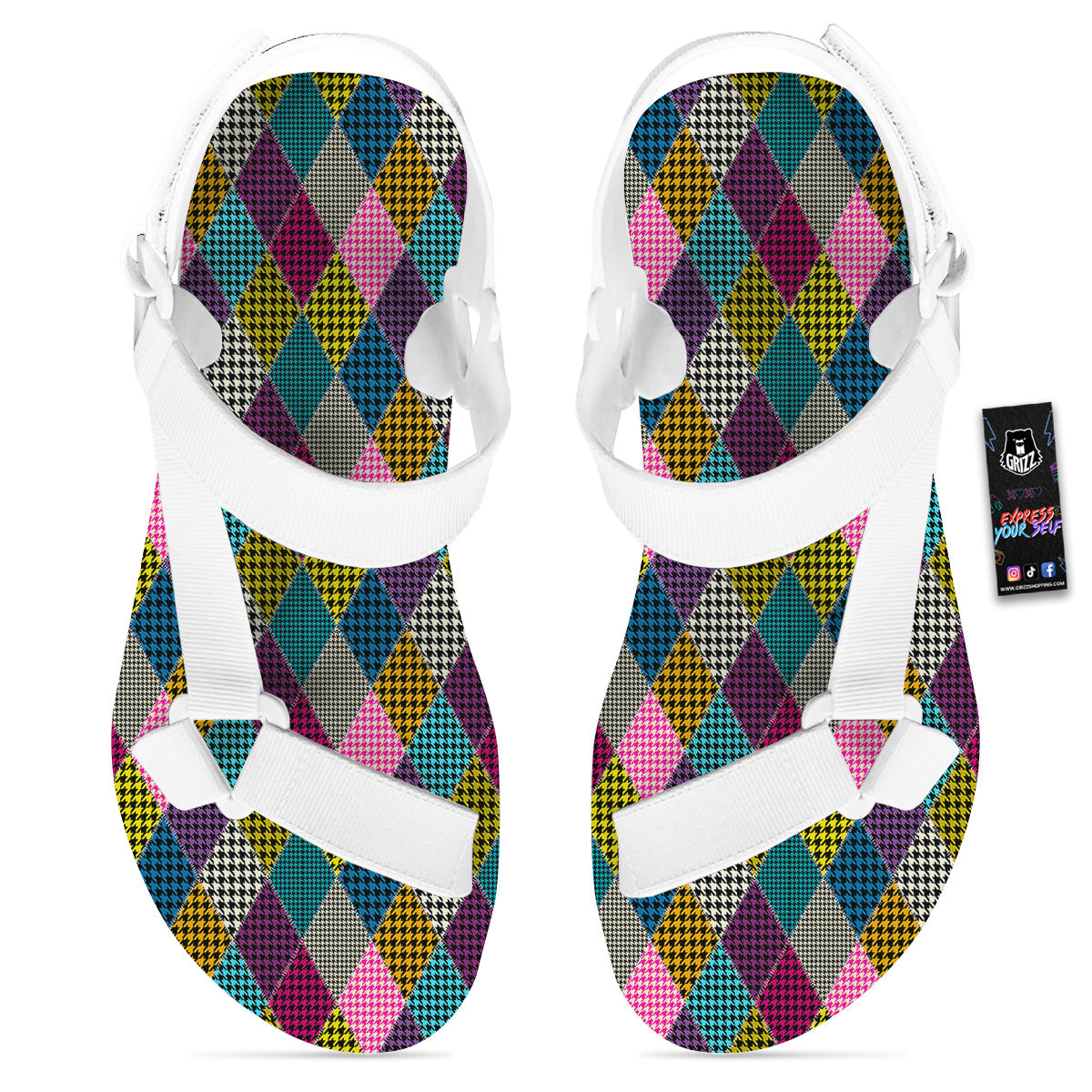 Rhombuses Houndstooth Colorful Print Pattern White Open Toe Sandals-grizzshop
