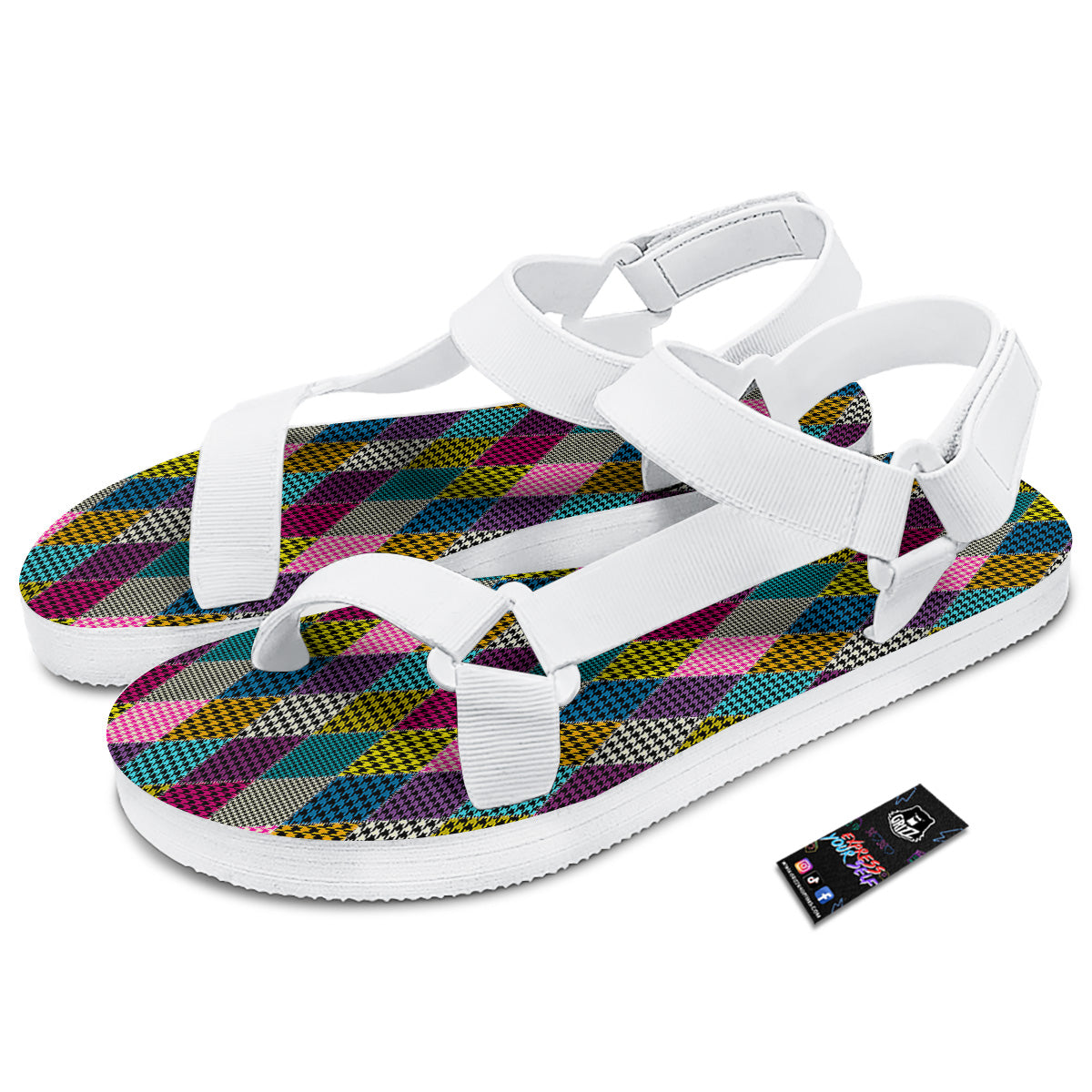 Rhombuses Houndstooth Colorful Print Pattern White Open Toe Sandals-grizzshop
