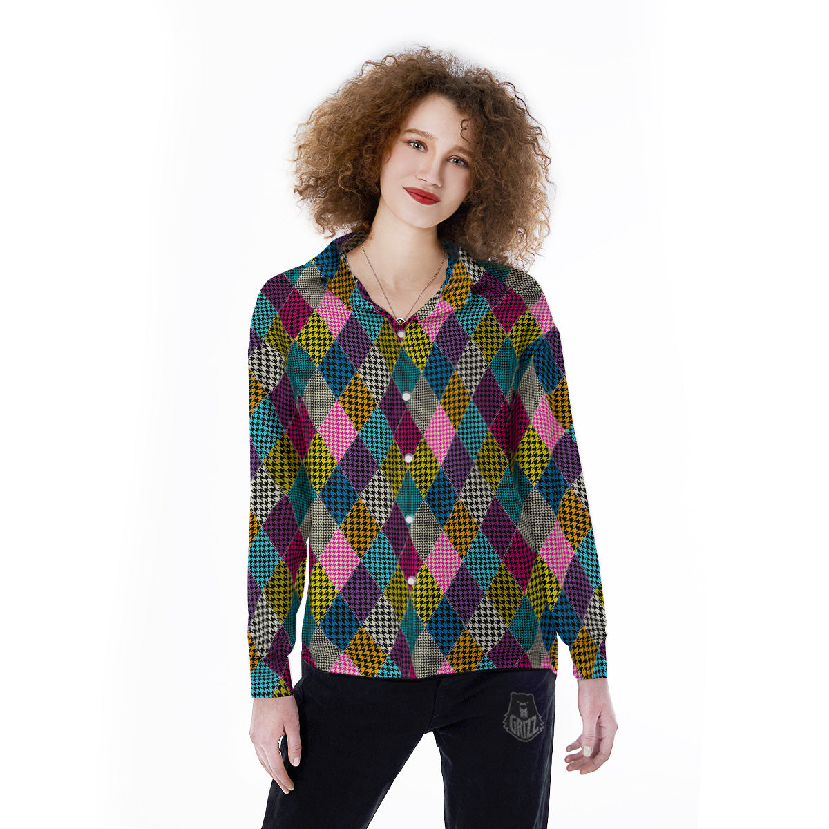 Rhombuses Houndstooth Colorful Print Pattern Women's Long Sleeve Shirts-grizzshop