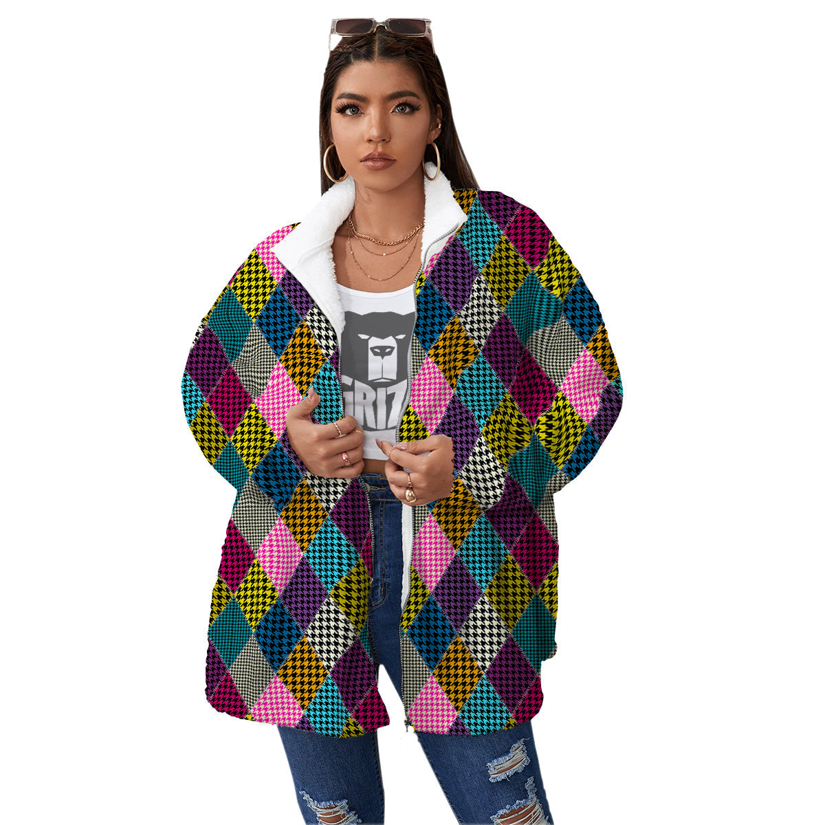 Rhombuses Houndstooth Colorful Print Pattern Women's Sherpa Jacket-grizzshop