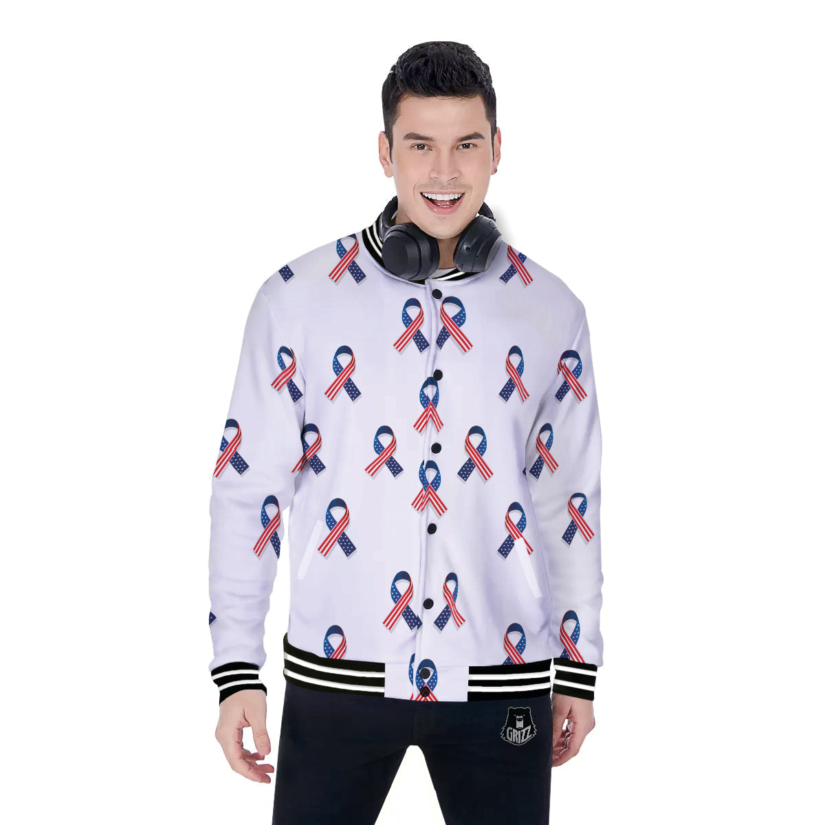 Ribbon American Flag Print Pattern Baseball Jacket-grizzshop