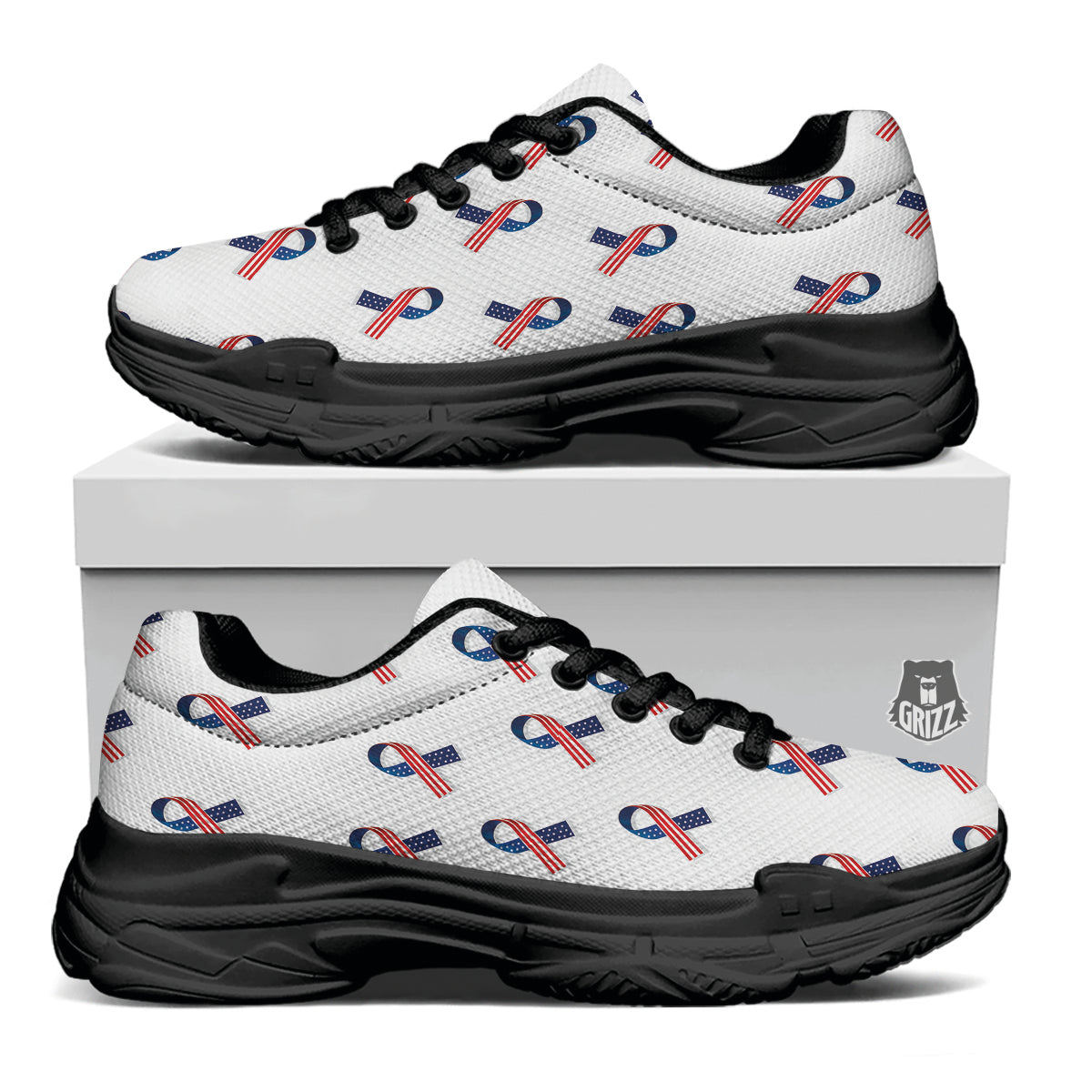 Ribbon American Flag Print Pattern Black Chunky Shoes-grizzshop