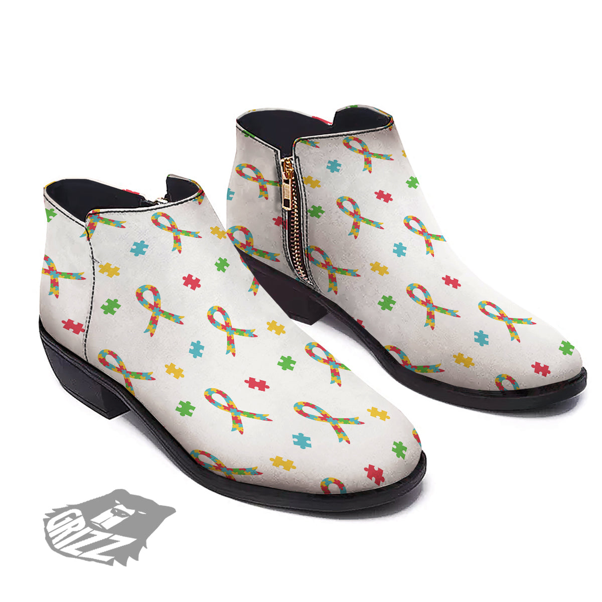Ribbon Autism Awareness Print Pattern Ankle Boots-grizzshop