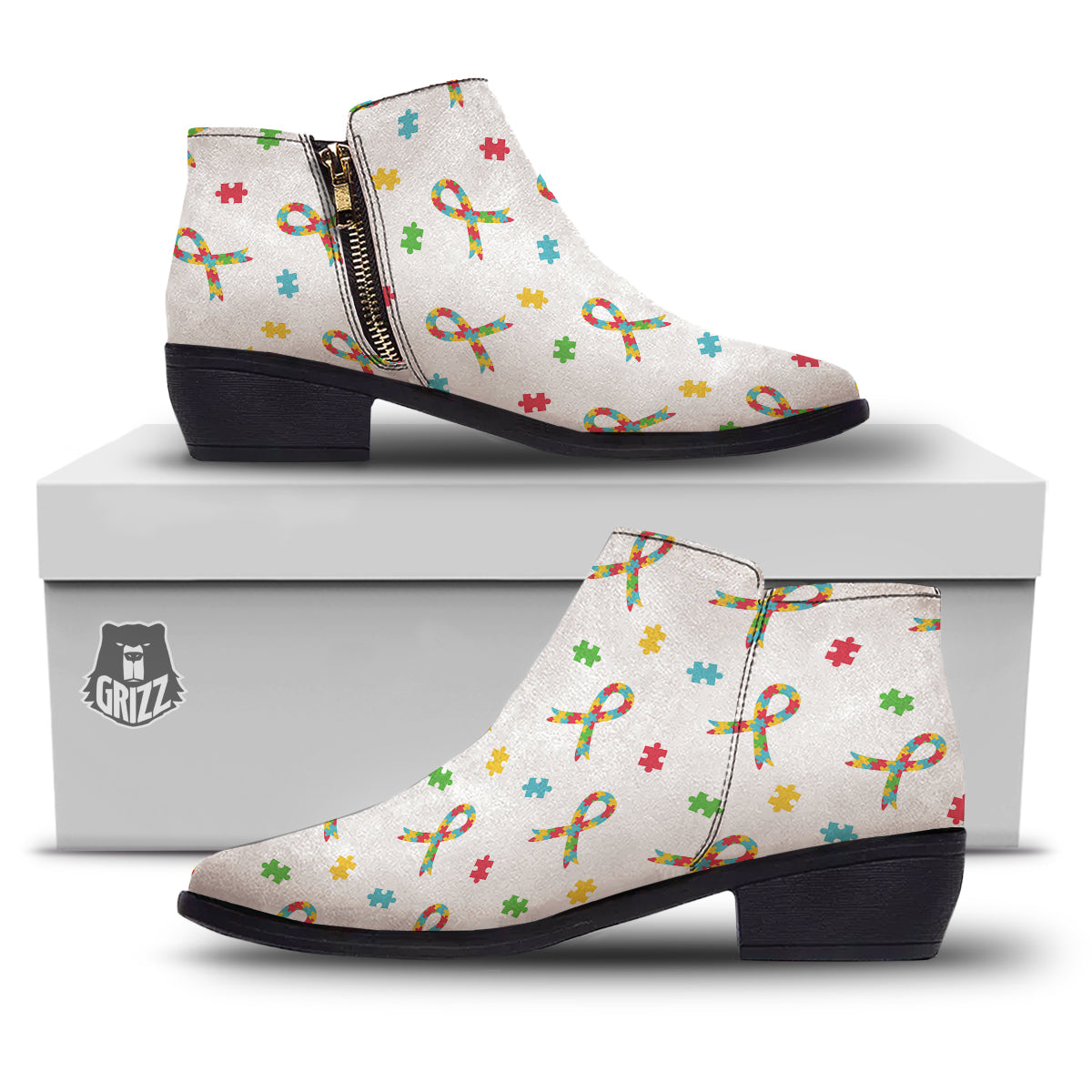 Ribbon Autism Awareness Print Pattern Ankle Boots-grizzshop