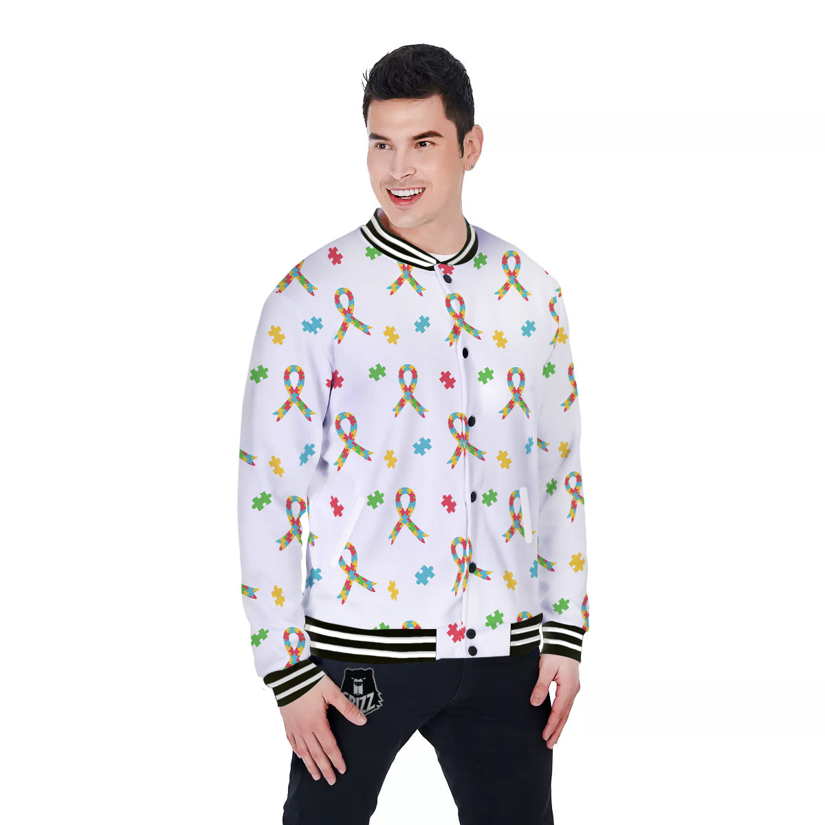 Ribbon Autism Awareness Print Pattern Baseball Jacket-grizzshop